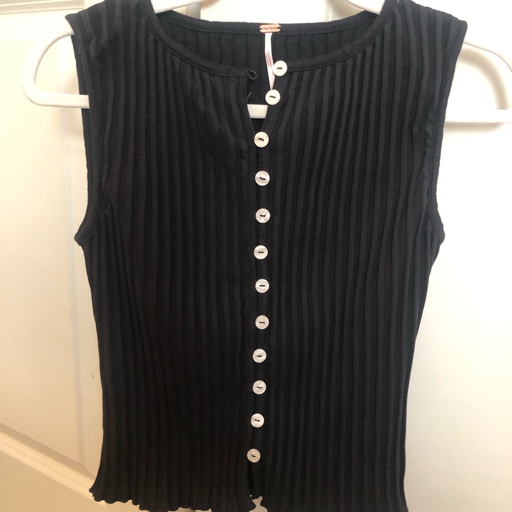 Free People Black Ribbed Button-Front Tank